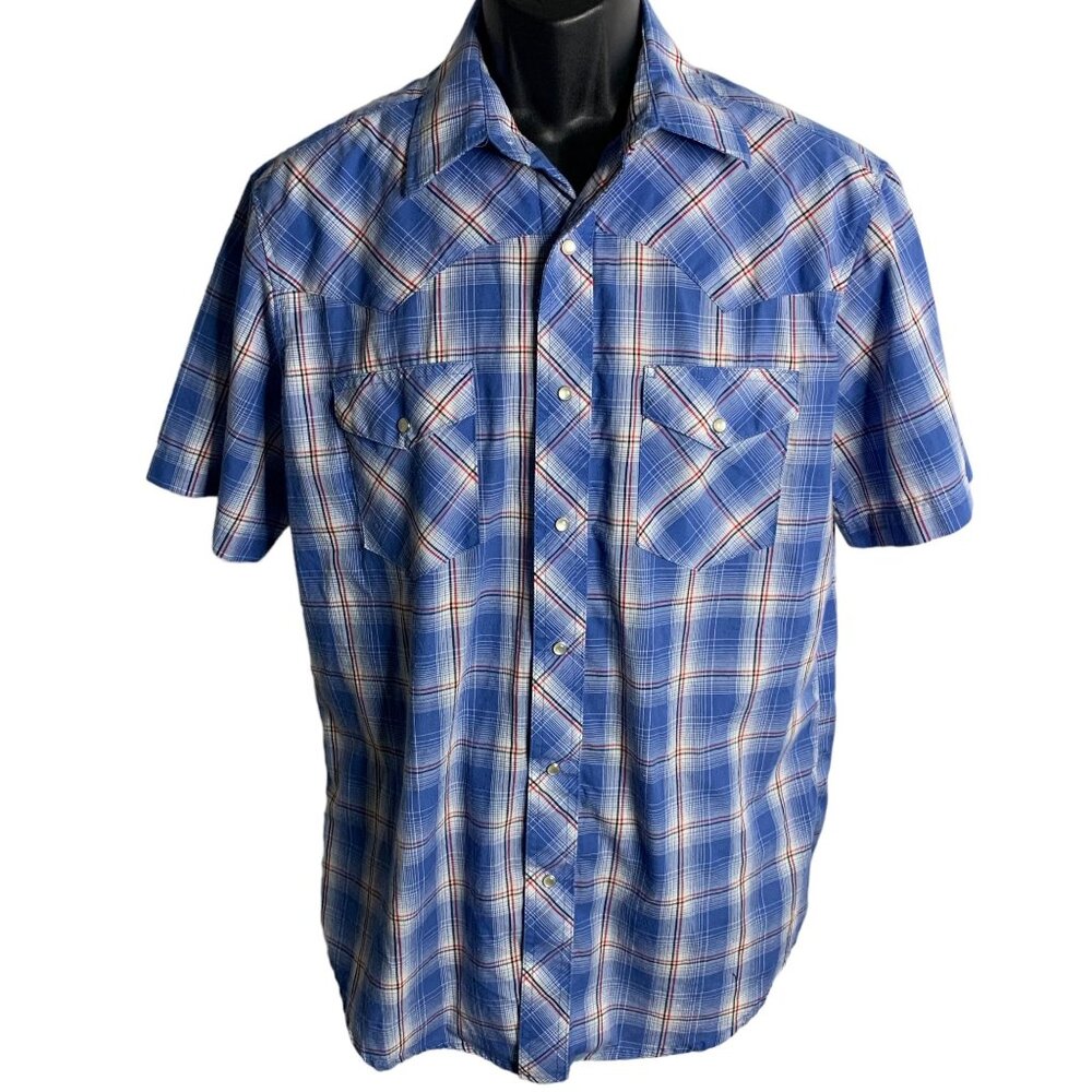 Wrangler Western Pearl Snap Shirt L Blue Plaid Short Sleeve Pockets One Point